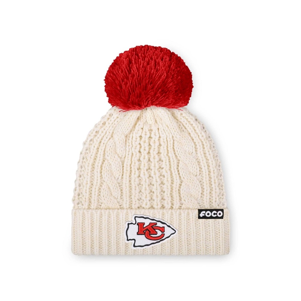 NWT Kansas City Chiefs NFL Womens Primary Logo White Cable Knit Pom Beanie